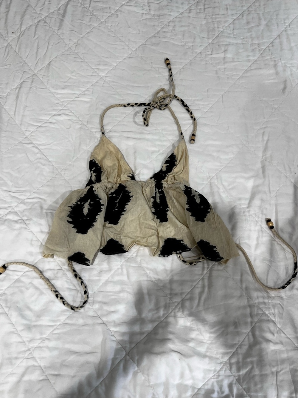 Zara Beige Halter Crop Top with Black Print